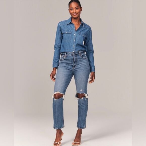 Abercrombie Curve Love Distressed Ultra High Rise Ankle Straight Jeans Size 25/0 - Picture 1 of 8